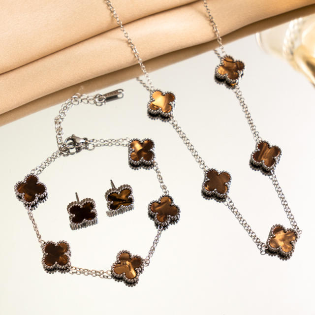 13mm double side silver stainless steel clover necklace set for women
