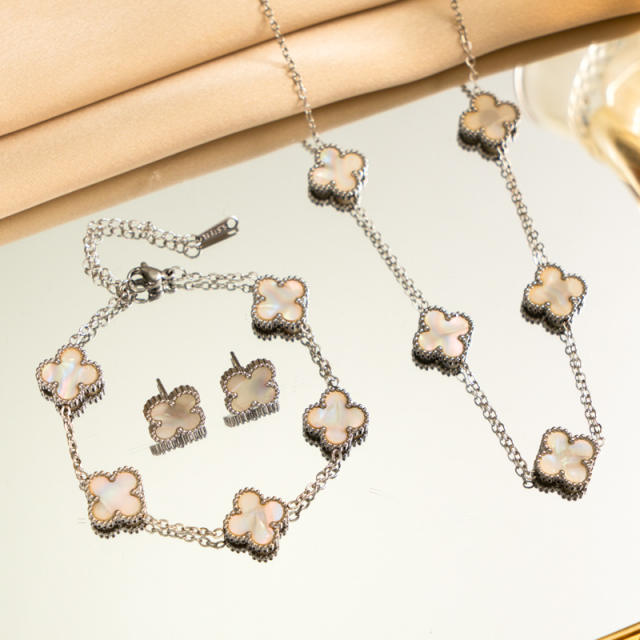 13mm double side silver stainless steel clover necklace set for women