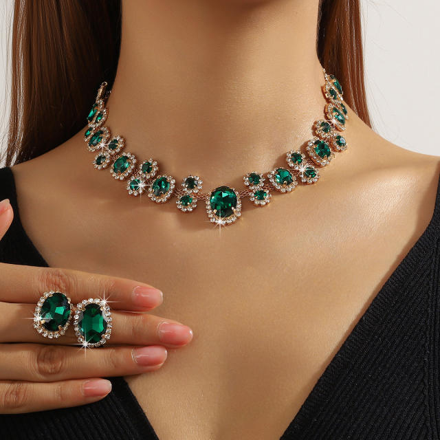 Hot sale colorful glass crystal statement choker necklace earrings set party wedding necklace set
