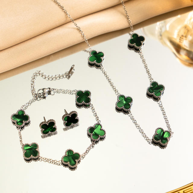 13mm double side silver stainless steel clover necklace set for women
