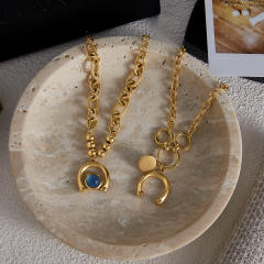 18KG blue opal stone inlaid Horseshoe charm stainless steel bracelet