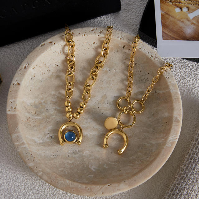 18KG blue opal stone inlaid Horseshoe charm stainless steel bracelet