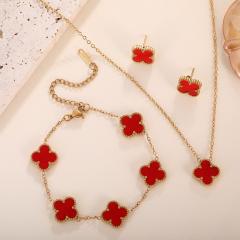 13mm gold color stainless steel lucky flower clover jewelry set necklace set