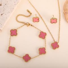 13mm gold color stainless steel lucky flower clover jewelry set necklace set