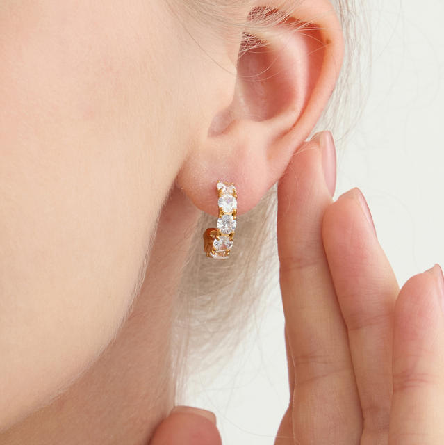 18KG cubic zircon inlaid open C shape stainless steel earrings