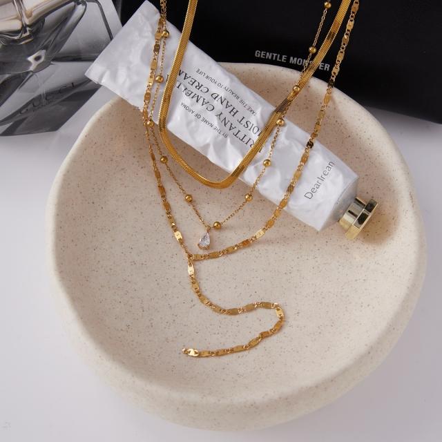 Classic three layer dainty chain diamond stainless steel necklace long necklace