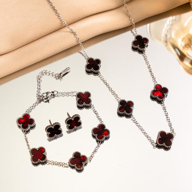 13mm double side silver stainless steel clover necklace set for women