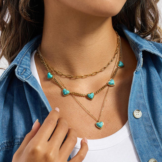 Vintage turquoise stone heart series stainless steel necklace earrings set