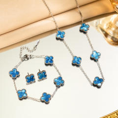 13mm double side silver stainless steel clover necklace set for women