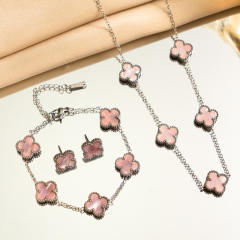 13mm double side silver stainless steel clover necklace set for women