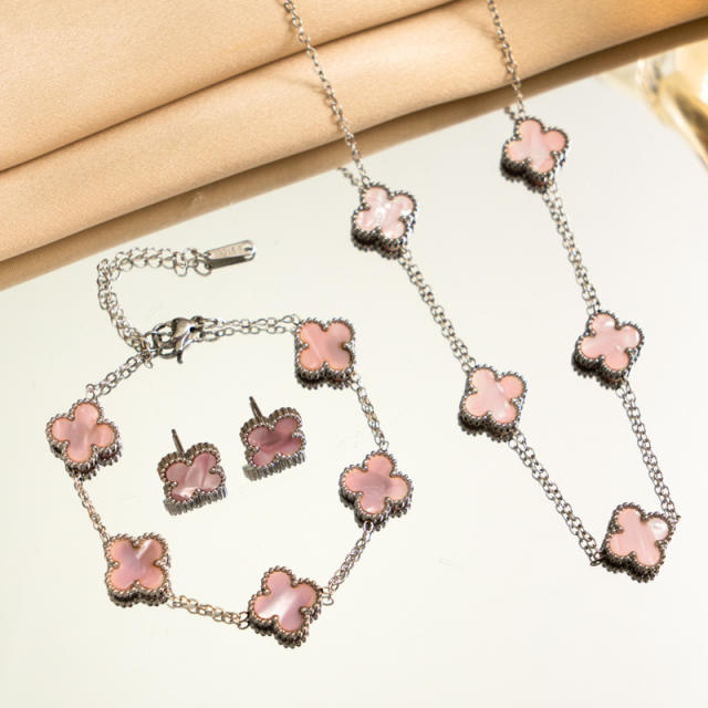 13mm double side silver stainless steel clover necklace set for women