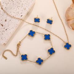 13mm gold color stainless steel lucky flower clover jewelry set necklace set