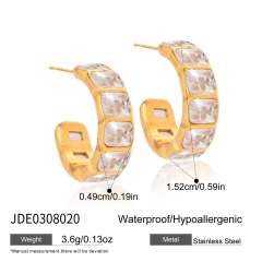 18KG cubic zircon inlaid open C shape stainless steel earrings