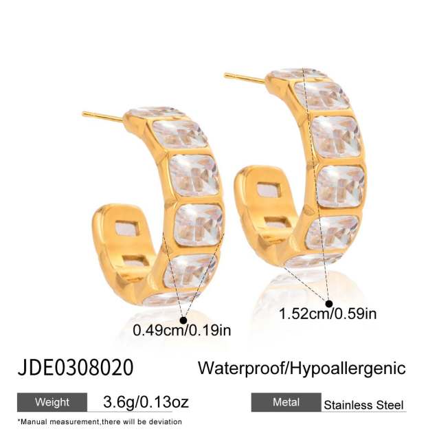 18KG cubic zircon inlaid open C shape stainless steel earrings