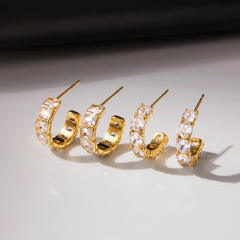 18KG cubic zircon inlaid open C shape stainless steel earrings