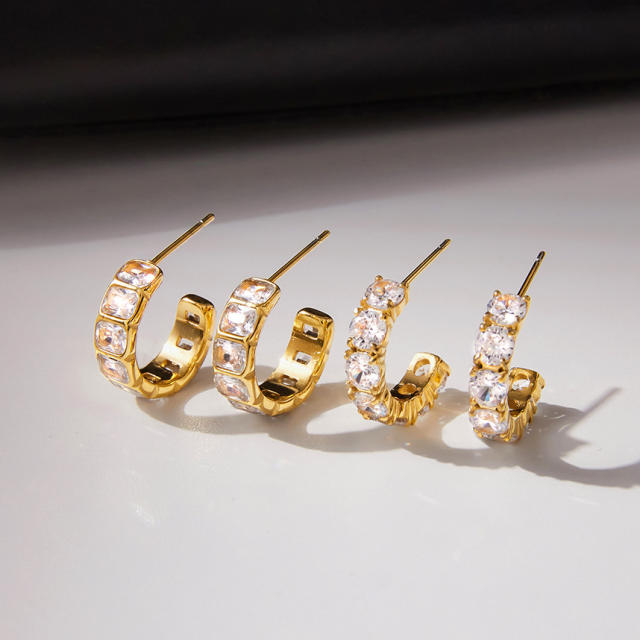 18KG cubic zircon inlaid open C shape stainless steel earrings