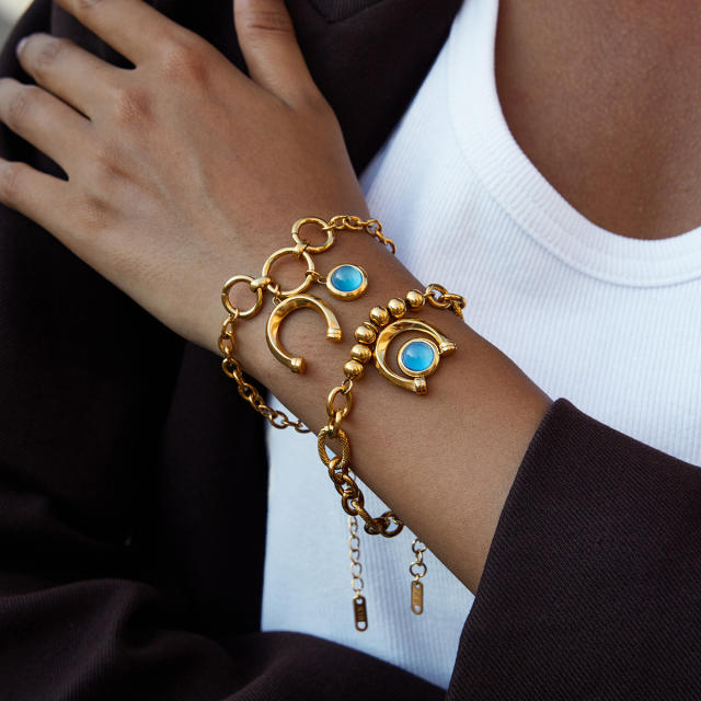 18KG blue opal stone inlaid Horseshoe charm stainless steel bracelet