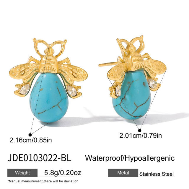 Vintage turquoise pearl drop stainless steel bee earrings for women