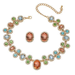 Hot sale colorful glass crystal statement choker necklace earrings set party wedding necklace set