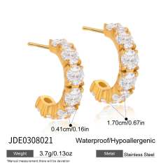 18KG cubic zircon inlaid open C shape stainless steel earrings