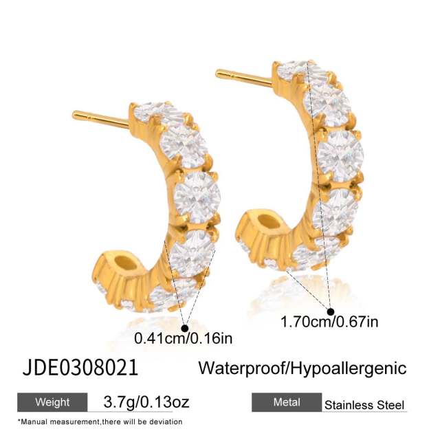 18KG cubic zircon inlaid open C shape stainless steel earrings
