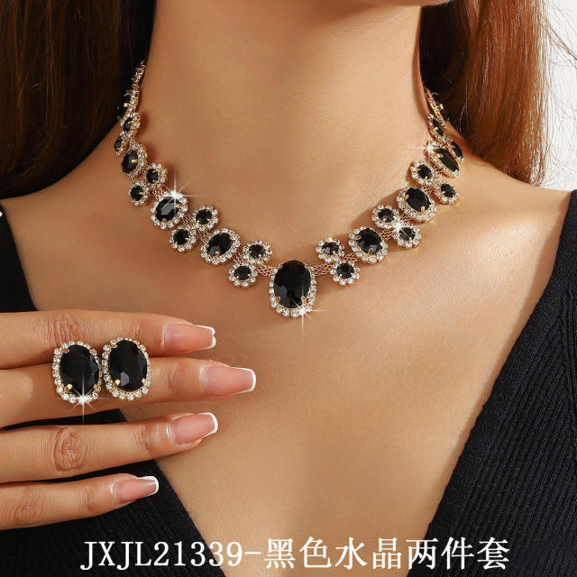 Hot sale colorful glass crystal statement choker necklace earrings set party wedding necklace set