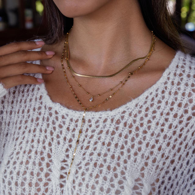 Classic three layer dainty chain diamond stainless steel necklace long necklace
