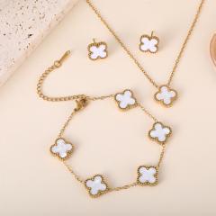 13mm gold color stainless steel lucky flower clover jewelry set necklace set