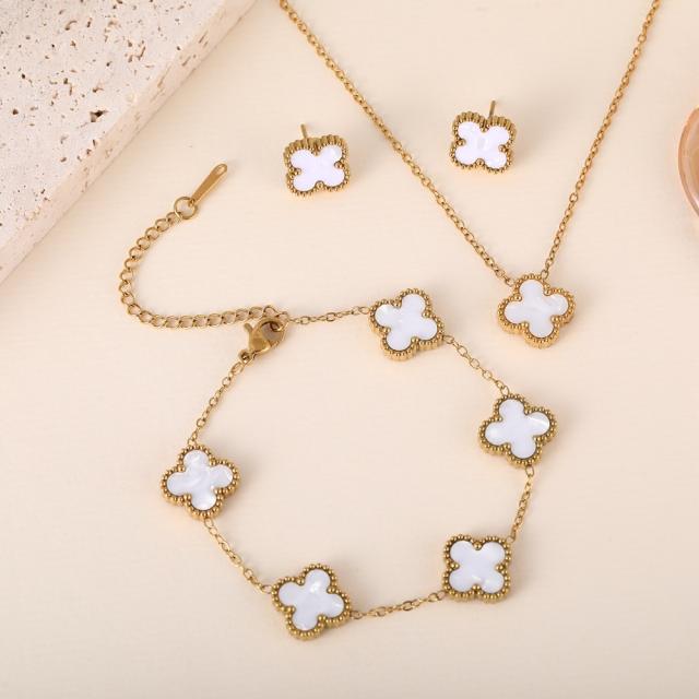13mm gold color stainless steel lucky flower clover jewelry set necklace set
