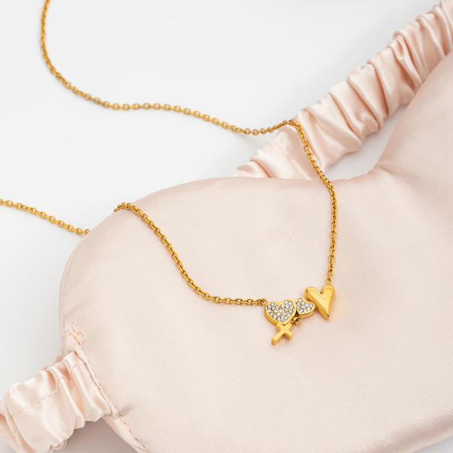 Romantic 18K Gold Stainless Steel with Diamond Heart Cross Glossy Heart Necklace