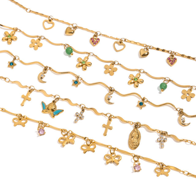 Holiday 18KG multi element charm thin chain stainless steel bracelet
