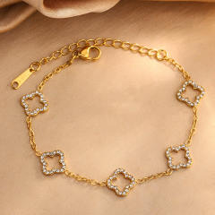 Diamond hollow clover stainless steel necklace bracelet set