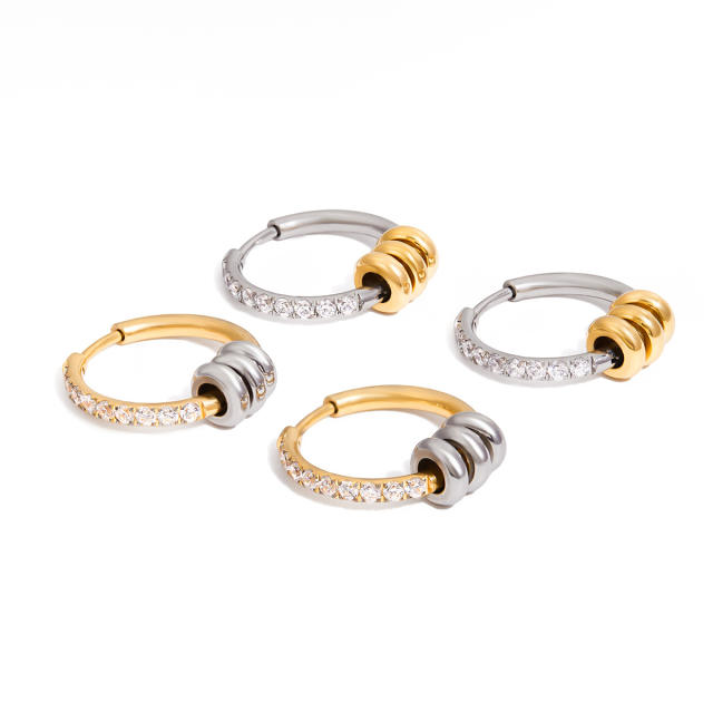 18KG diamond hoop rotatable bead stainless steel earrings