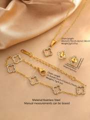 Diamond hollow clover stainless steel necklace bracelet set