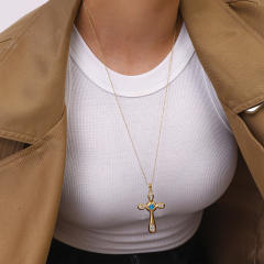 18KG light sapphire blue zircon cross pendant stainless steel necklace