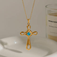 18KG light sapphire blue zircon cross pendant stainless steel necklace