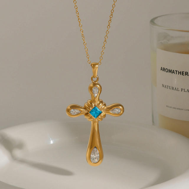 18KG light sapphire blue zircon cross pendant stainless steel necklace