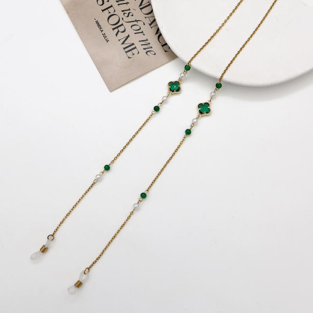 Coloful glass crystal clover stainless steel chain glasses chain
