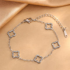 Diamond hollow clover stainless steel necklace bracelet set