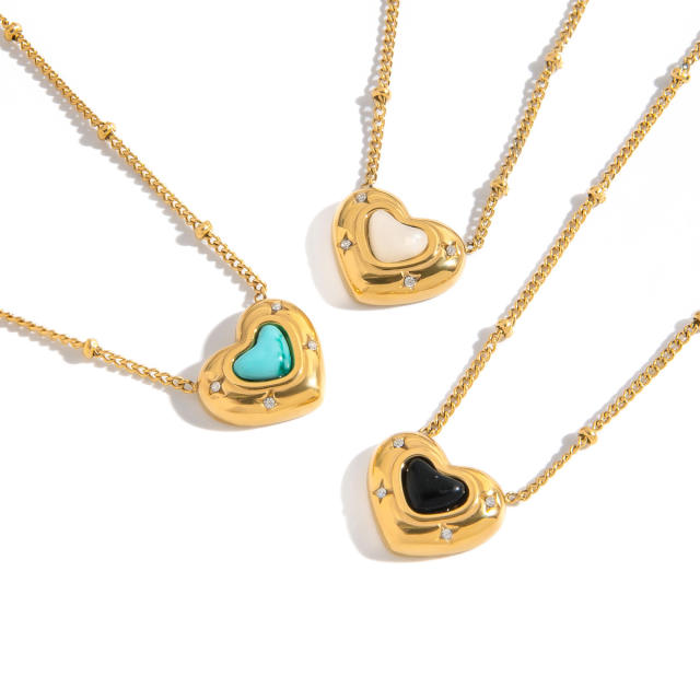 Sweet colorful natural stone inlaid heart stainless steel necklace