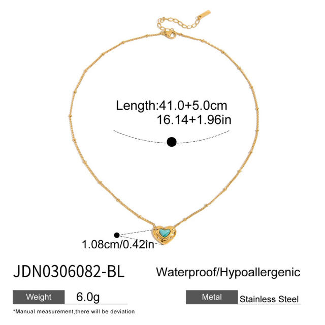 Sweet colorful natural stone inlaid heart stainless steel necklace
