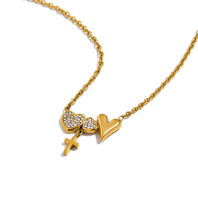 Romantic 18K Gold Stainless Steel with Diamond Heart Cross Glossy Heart Necklace