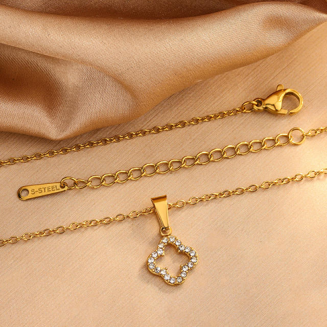 Diamond hollow clover stainless steel necklace bracelet set