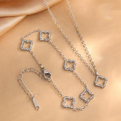 Diamond hollow clover stainless steel necklace bracelet set