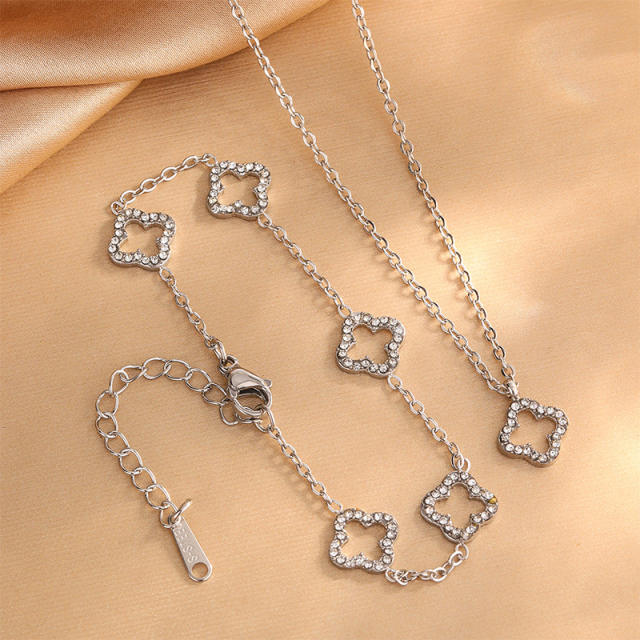 Diamond hollow clover stainless steel necklace bracelet set