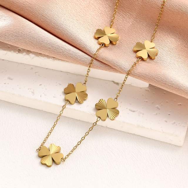 Stainless steel peach heart lucky four-leaf clover necklace bracelet earrings suit