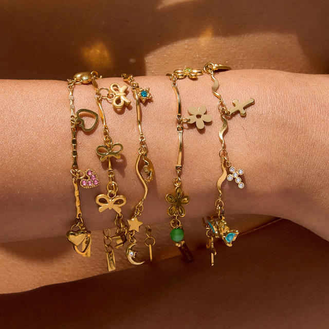 Holiday 18KG multi element charm thin chain stainless steel bracelet