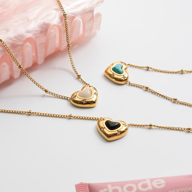 Sweet colorful natural stone inlaid heart stainless steel necklace
