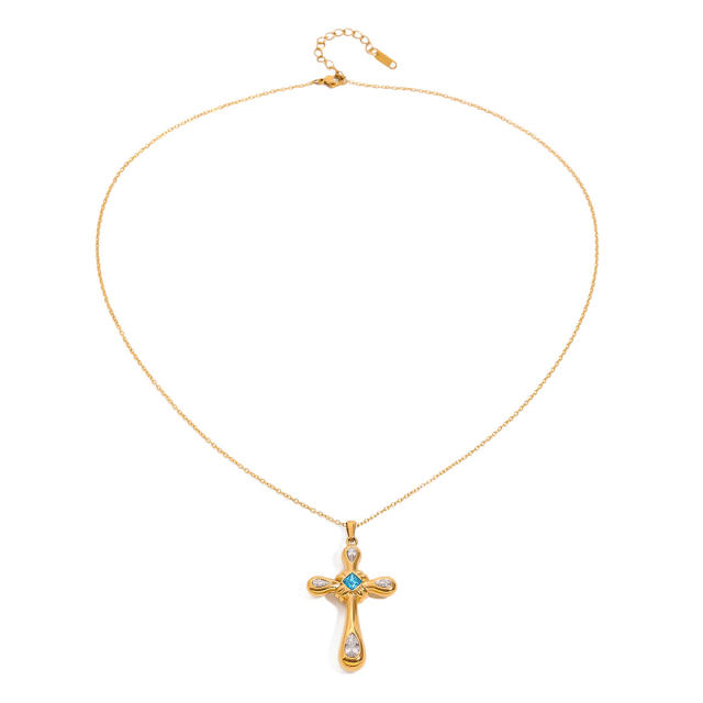 18KG light sapphire blue zircon cross pendant stainless steel necklace