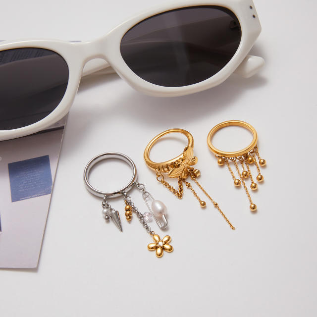 Sweet Y2K Style 18K Gold Stainless Steel Handmade Heavy Steel Ball Tassel Stainless Steel Ring